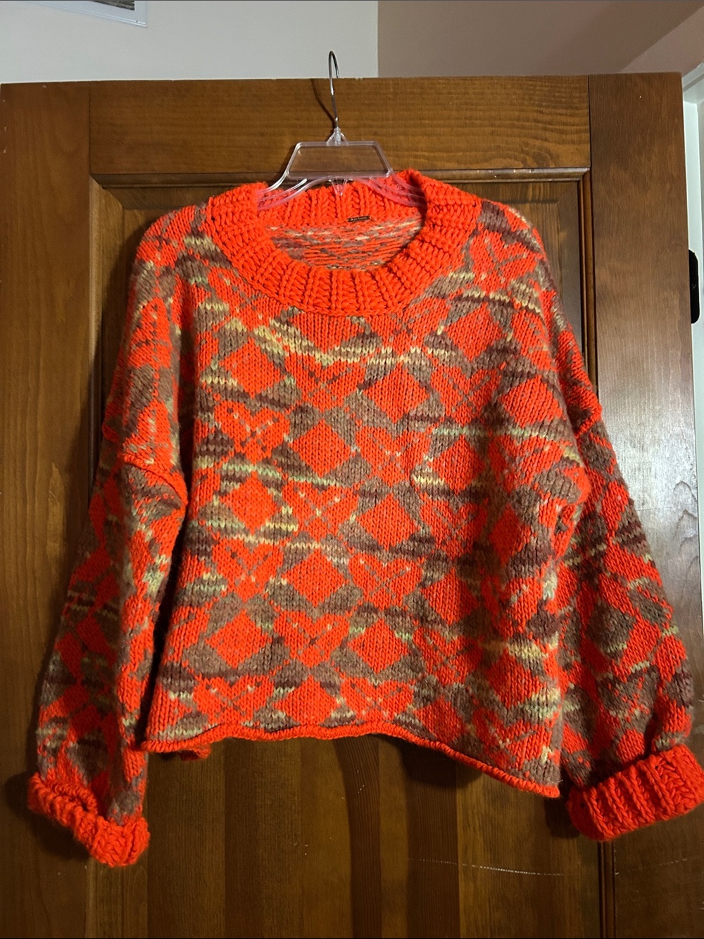 Free People Orange Tan oversized Geometric Crewneck Sweater